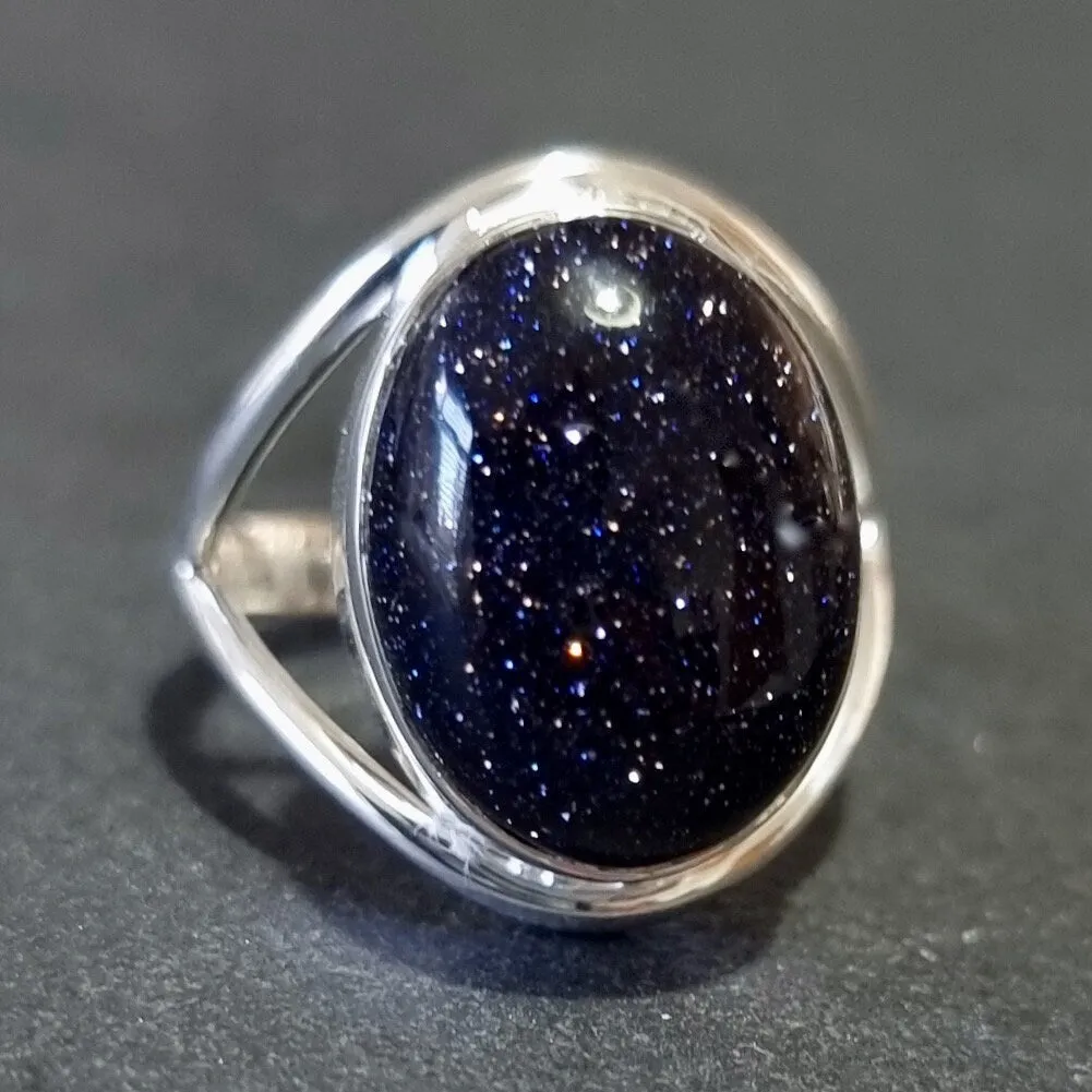 Oval Blue Goldstone Silver Ring, 15mm x 12mm, R80BSS