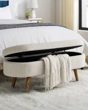 Oval Storage Bench 43.5" Linen Fabric Upholstered Entryway Bench with Solid Wood Legs Ottoman Bench Indoor Bench for Living Room/Bedroom/End of Bed/Entryway (Beige)