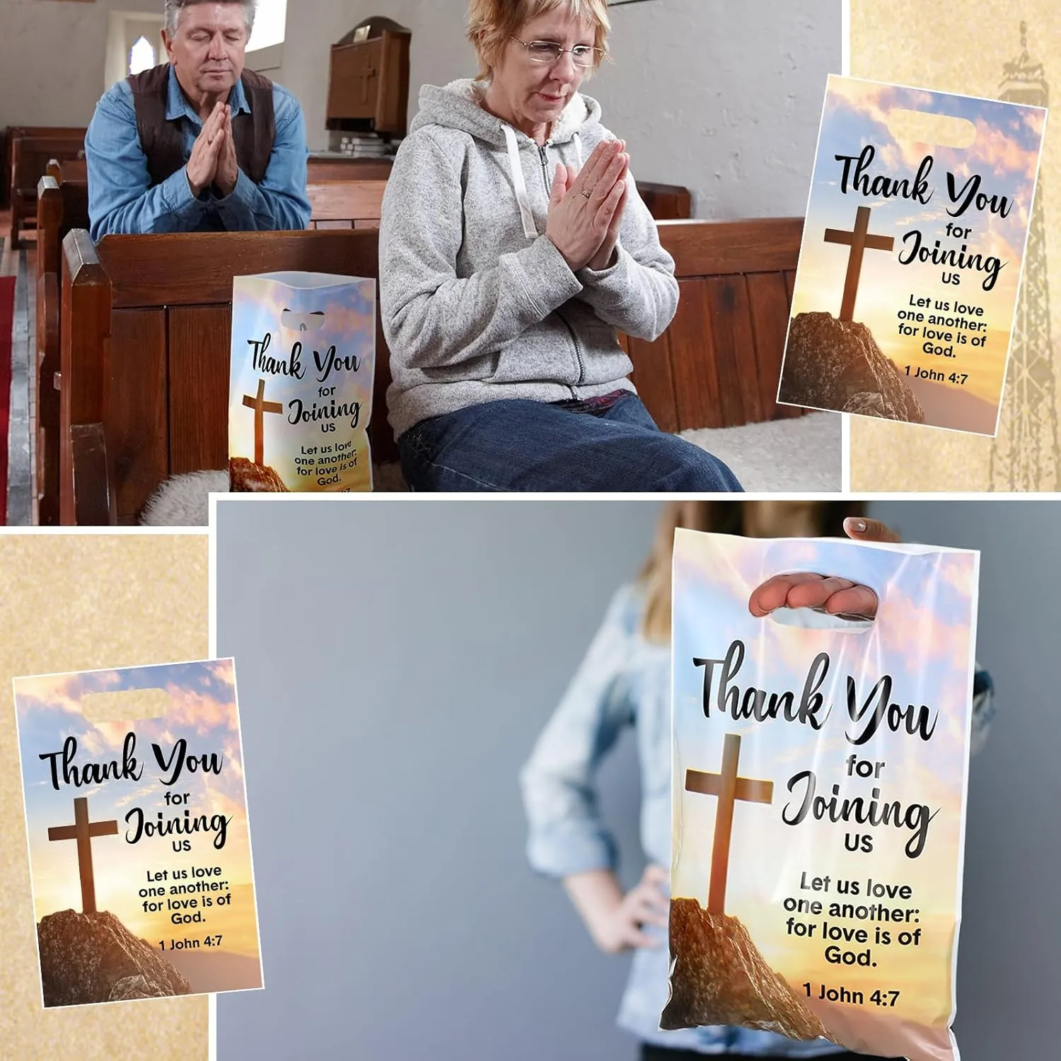Panelee 50 Pcs Welcome to Our Church Bags Religious Plastic Brochure Church Gift Christian Cross Goody Treat Bags with Handles for Vbs Party Supplies Party Favor Decoration