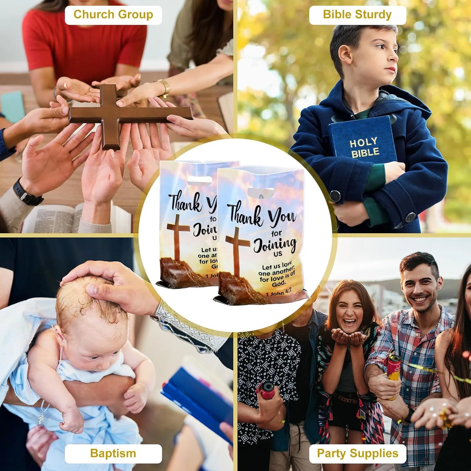 Panelee 50 Pcs Welcome to Our Church Bags Religious Plastic Brochure Church Gift Christian Cross Goody Treat Bags with Handles for Vbs Party Supplies Party Favor Decoration
