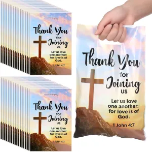 Panelee 50 Pcs Welcome to Our Church Bags Religious Plastic Brochure Church Gift Christian Cross Goody Treat Bags with Handles for Vbs Party Supplies Party Favor Decoration
