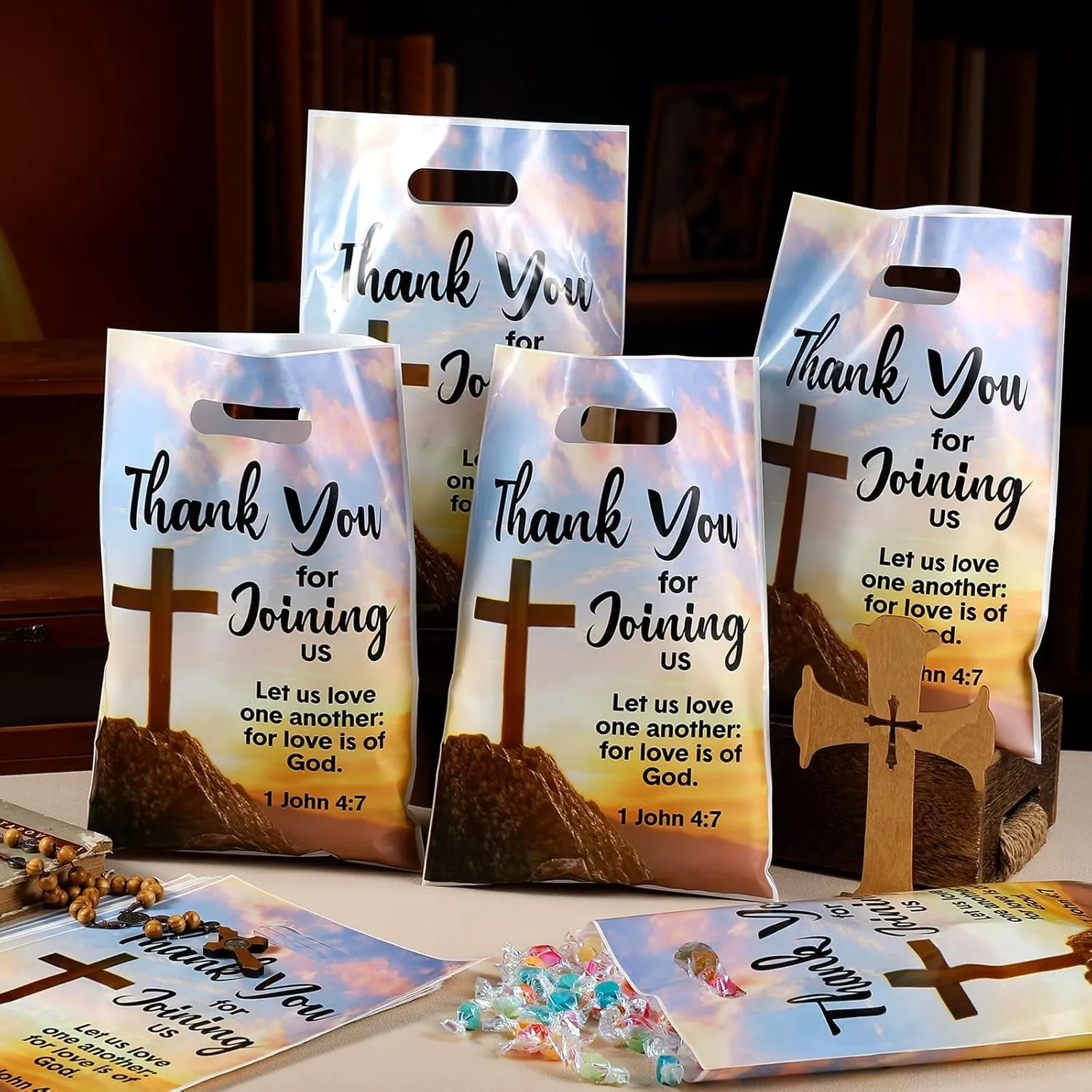 Panelee 50 Pcs Welcome to Our Church Bags Religious Plastic Brochure Church Gift Christian Cross Goody Treat Bags with Handles for Vbs Party Supplies Party Favor Decoration