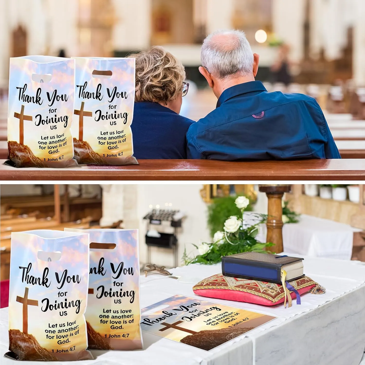 Panelee 50 Pcs Welcome to Our Church Bags Religious Plastic Brochure Church Gift Christian Cross Goody Treat Bags with Handles for Vbs Party Supplies Party Favor Decoration