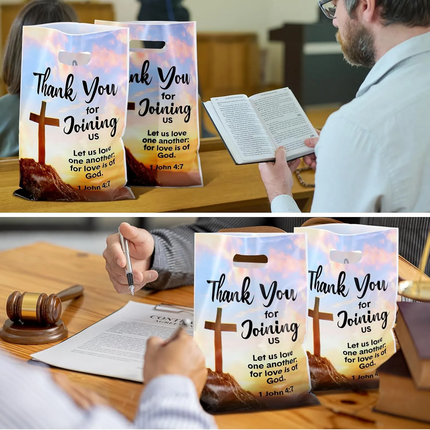 Panelee 50 Pcs Welcome to Our Church Bags Religious Plastic Brochure Church Gift Christian Cross Goody Treat Bags with Handles for Vbs Party Supplies Party Favor Decoration
