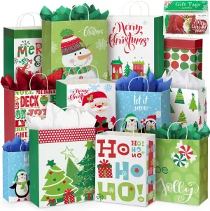 Party Funny 24 White Kraft Christmas Gift Bags Assorted Sizes with 60-Count Christmas Gift Tags(Bulk Set,6 XL,6 Large,6 Medium,6 Small)