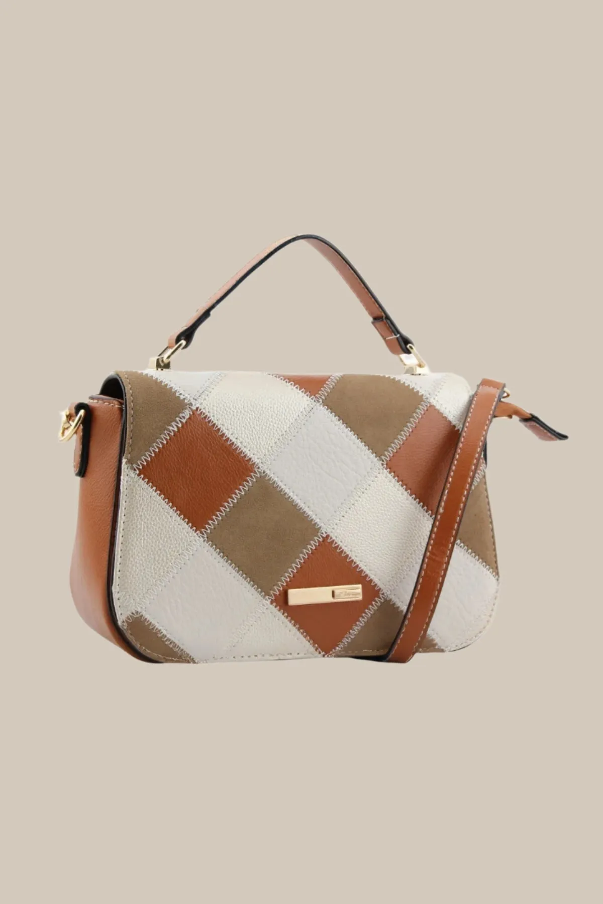 Patchwork Flapover Bag in Tan Brown