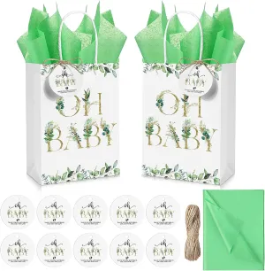 PerKoop 50 Pack Greenery Baby Shower Favor Bags with Green Tissue Paper Baby Shower Thank You Gift Bags with Handles for Guests Gender Reveal Treats Goodies Neutral Party Favor