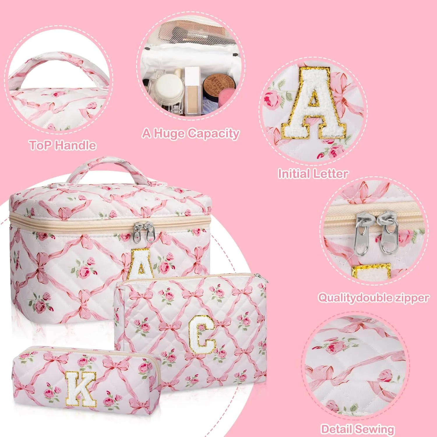 Personalized Initial Makeup Bag Set, Quilted Makeup Bag, Large Floral Cosmetic Bag for Women, Cute Cotton Custom Make up Bags, Flower Travel Toiletry Bag Teen Girl Gift Trendy Stuff Gift E