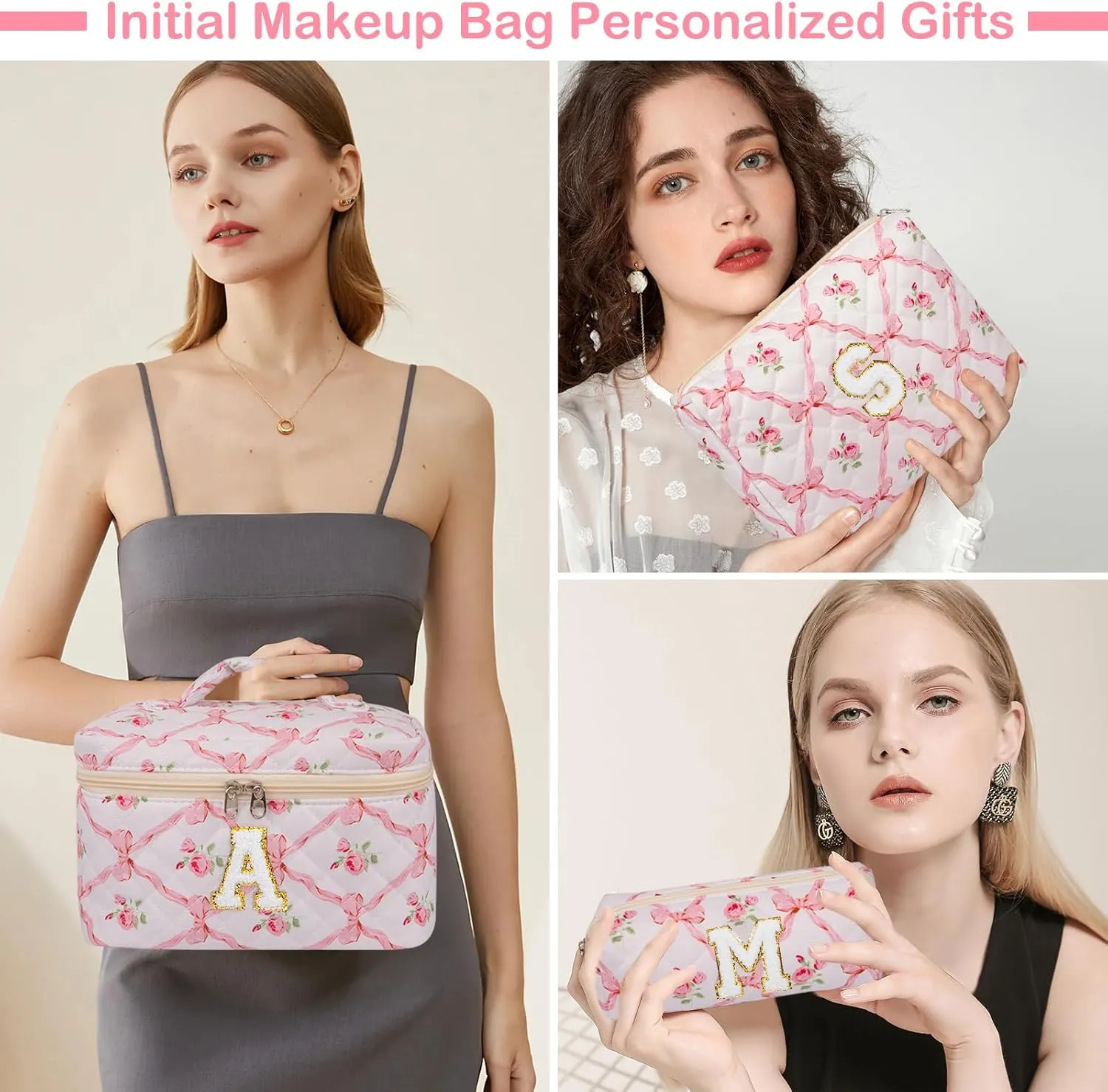 Personalized Initial Makeup Bag Set, Quilted Makeup Bag, Large Floral Cosmetic Bag for Women, Cute Cotton Custom Make up Bags, Flower Travel Toiletry Bag Teen Girl Gift Trendy Stuff Gift E