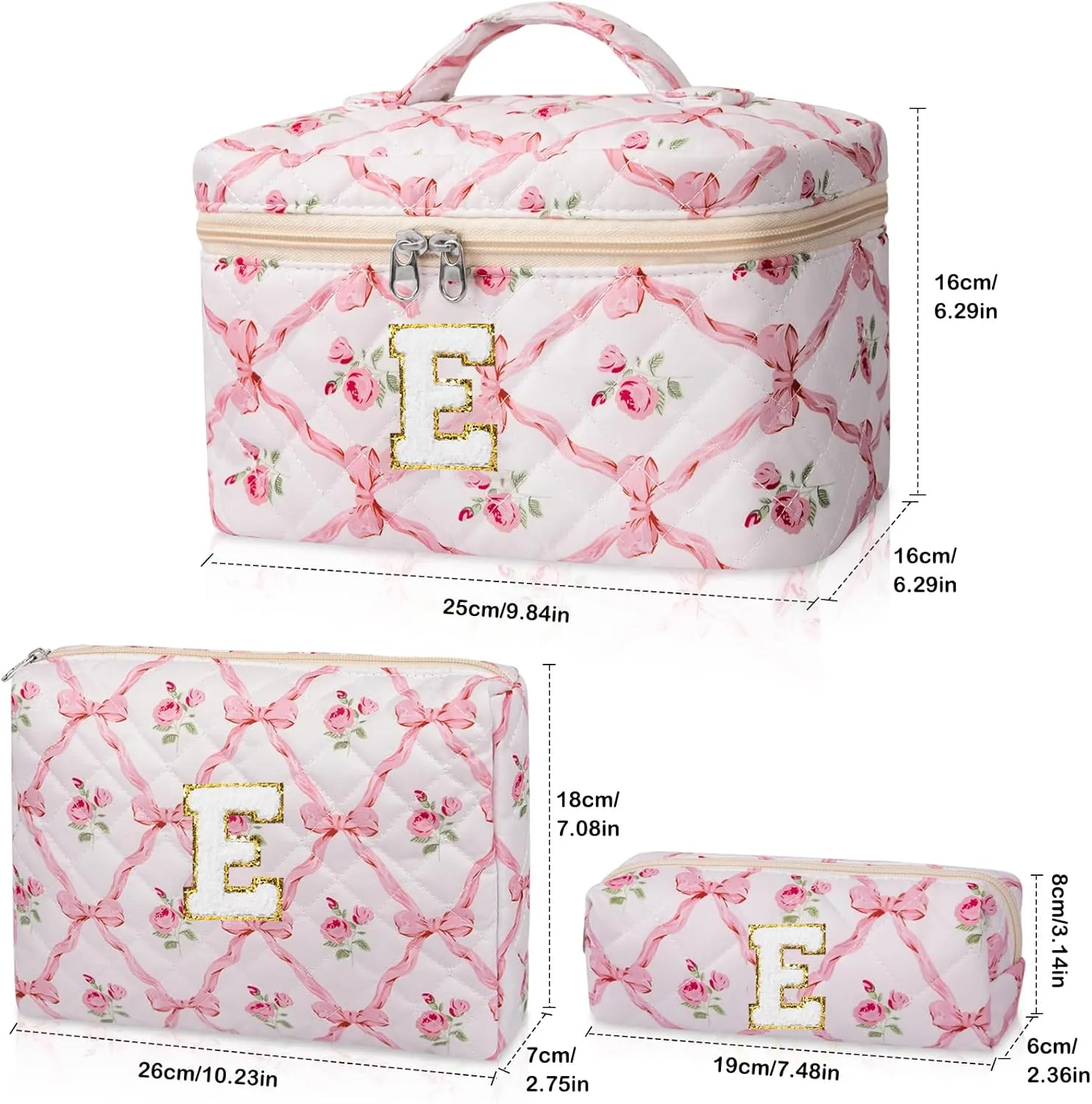 Personalized Initial Makeup Bag Set, Quilted Makeup Bag, Large Floral Cosmetic Bag for Women, Cute Cotton Custom Make up Bags, Flower Travel Toiletry Bag Teen Girl Gift Trendy Stuff Gift E