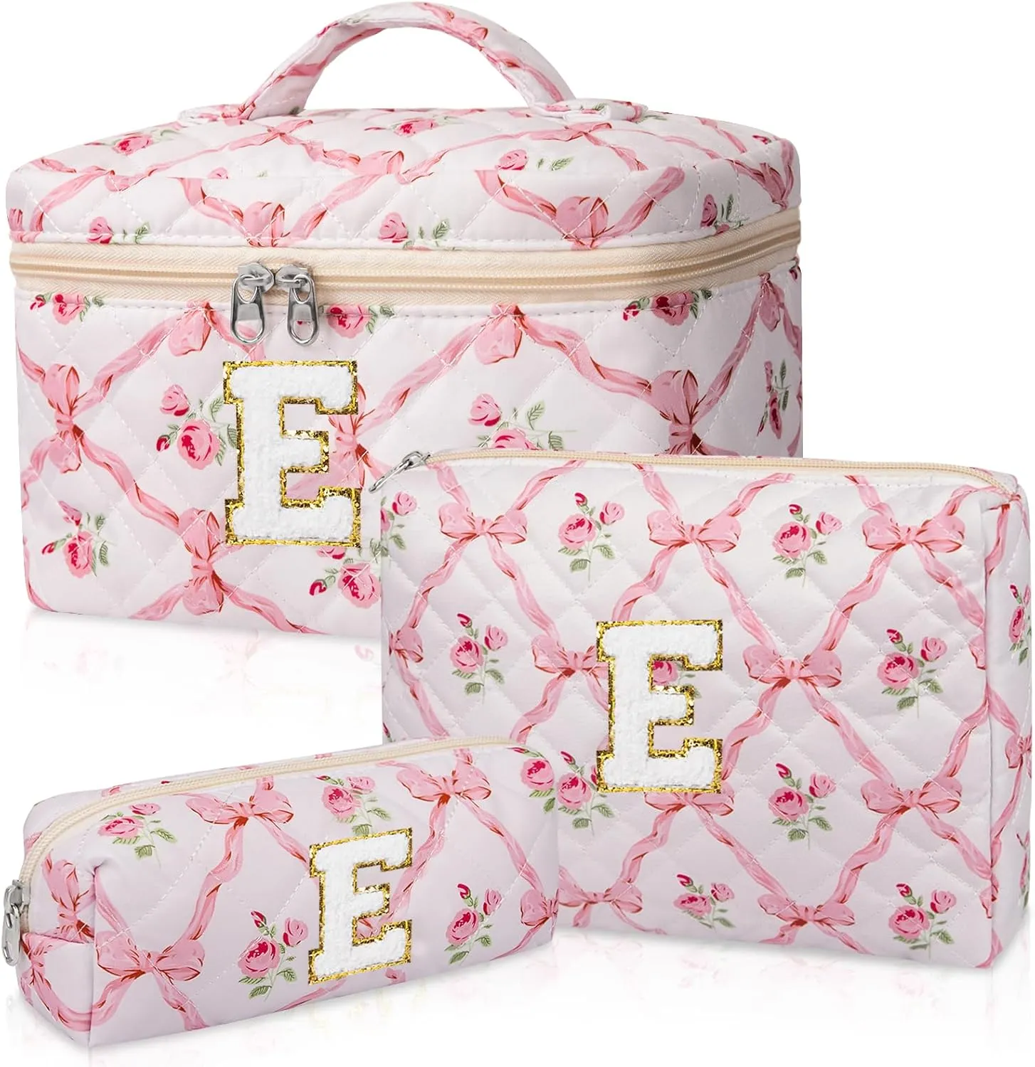 Personalized Initial Makeup Bag Set, Quilted Makeup Bag, Large Floral Cosmetic Bag for Women, Cute Cotton Custom Make up Bags, Flower Travel Toiletry Bag Teen Girl Gift Trendy Stuff Gift E