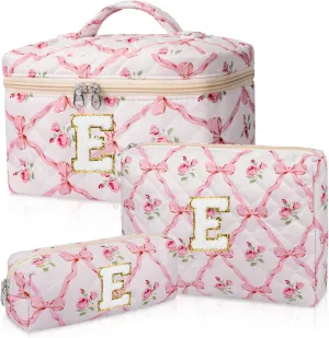 Personalized Initial Makeup Bag Set, Quilted Makeup Bag, Large Floral Cosmetic Bag for Women, Cute Cotton Custom Make up Bags, Flower Travel Toiletry Bag Teen Girl Gift Trendy Stuff Gift E