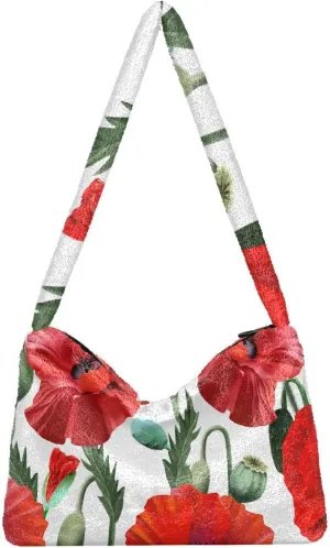 Petal Buds Poppy Flowers Fluffy Crossbody Bag Furry Tote Bags for Women Fuzzy Purse Handbag Lady Shoulder Bag Large Plush Bag with Zipper Closure