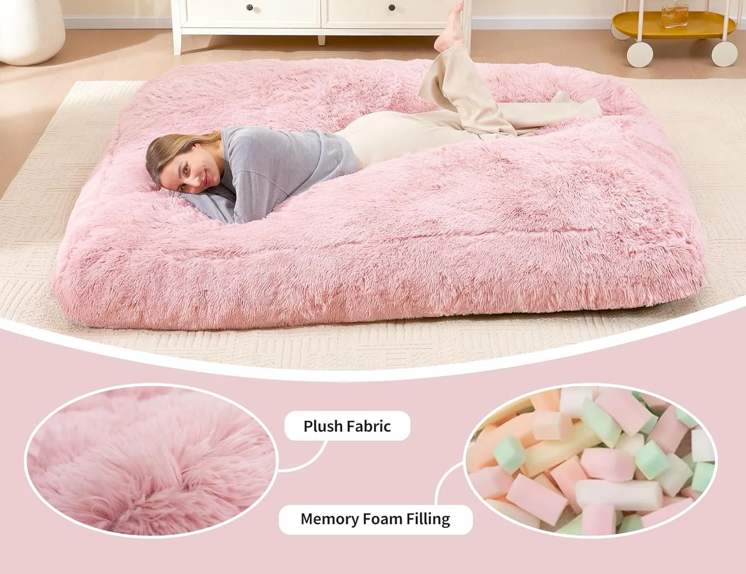Pink Bean Bag Bed Giant Bean Bag Chairs for Adults, Large Floor Mattress Convertible Sofa Bed, Big Bean Bag Chairs Couch, Removable Sofa Bed Chair Foam Filling, Machine Washable, Queen