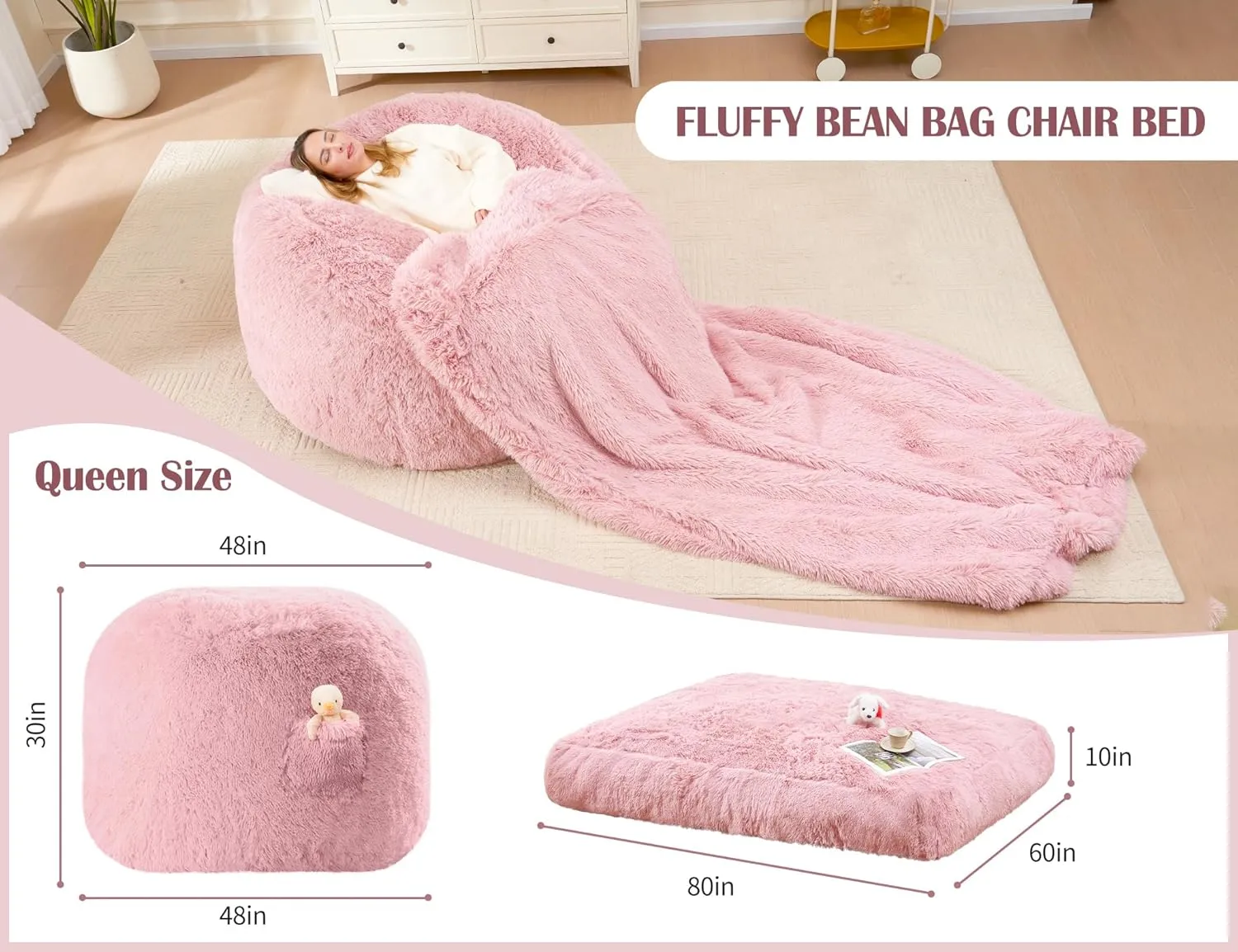 Pink Bean Bag Bed Giant Bean Bag Chairs for Adults, Large Floor Mattress Convertible Sofa Bed, Big Bean Bag Chairs Couch, Removable Sofa Bed Chair Foam Filling, Machine Washable, Queen