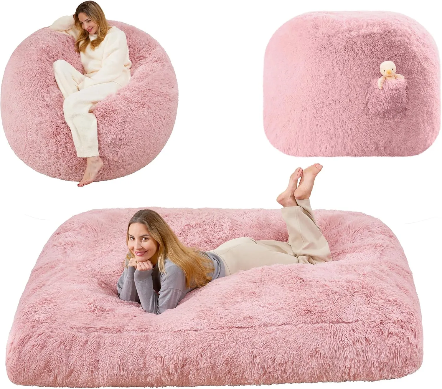 Pink Bean Bag Bed Giant Bean Bag Chairs for Adults, Large Floor Mattress Convertible Sofa Bed, Big Bean Bag Chairs Couch, Removable Sofa Bed Chair Foam Filling, Machine Washable, Queen
