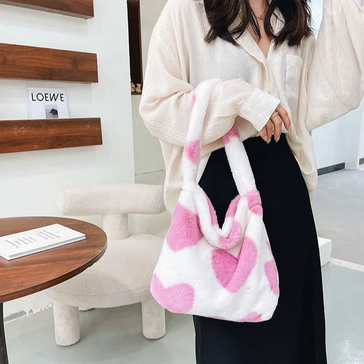 Pink Hearts Fluffy Tote Bag