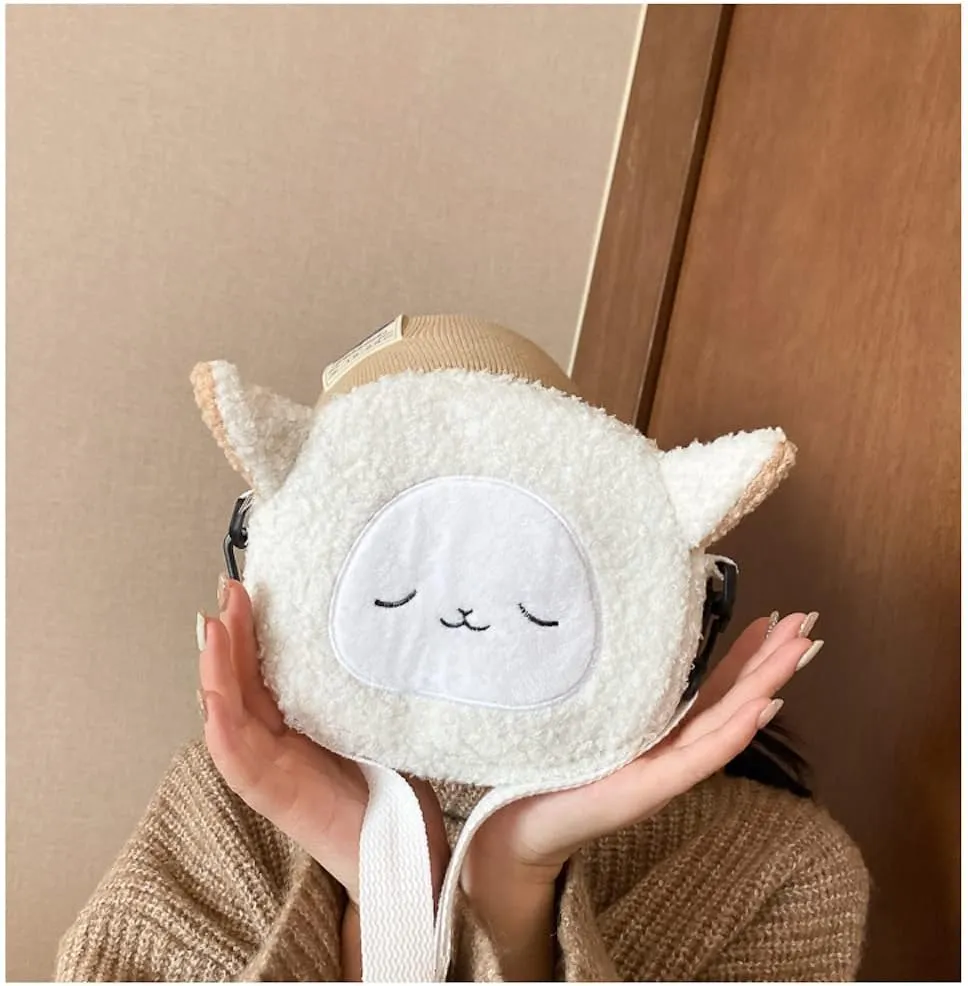 Plushie Crossbody Bag Japanese Kawaii Cat Shoulder Purse Stuffed Handbag Fluffy Lamb Like Black Shoulder Bags