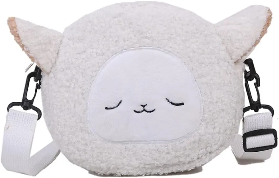 Plushie Crossbody Bag Japanese Kawaii Cat Shoulder Purse Stuffed Handbag Fluffy Lamb Like Black Shoulder Bags