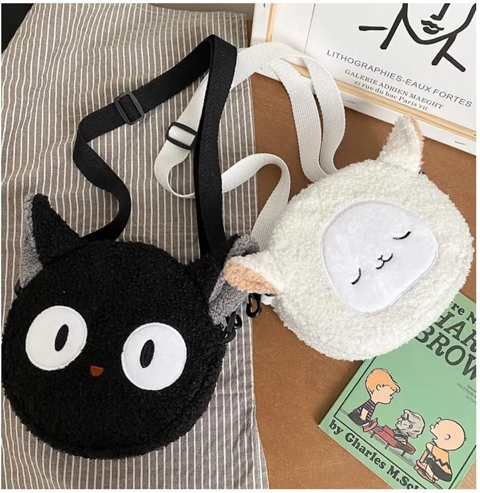 Plushie Crossbody Bag Japanese Kawaii Cat Shoulder Purse Stuffed Handbag Fluffy Lamb Like Black Shoulder Bags