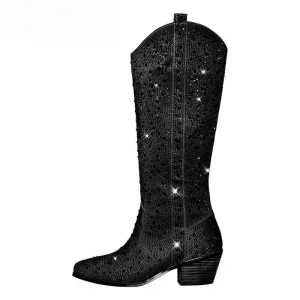 Pointed Toe  Black Rhinestone Boots Knee High Western Cowgirl Boots