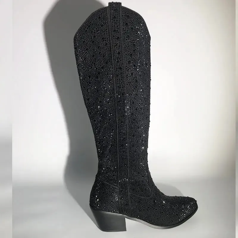 Pointed Toe  Black Rhinestone Boots Knee High Western Cowgirl Boots
