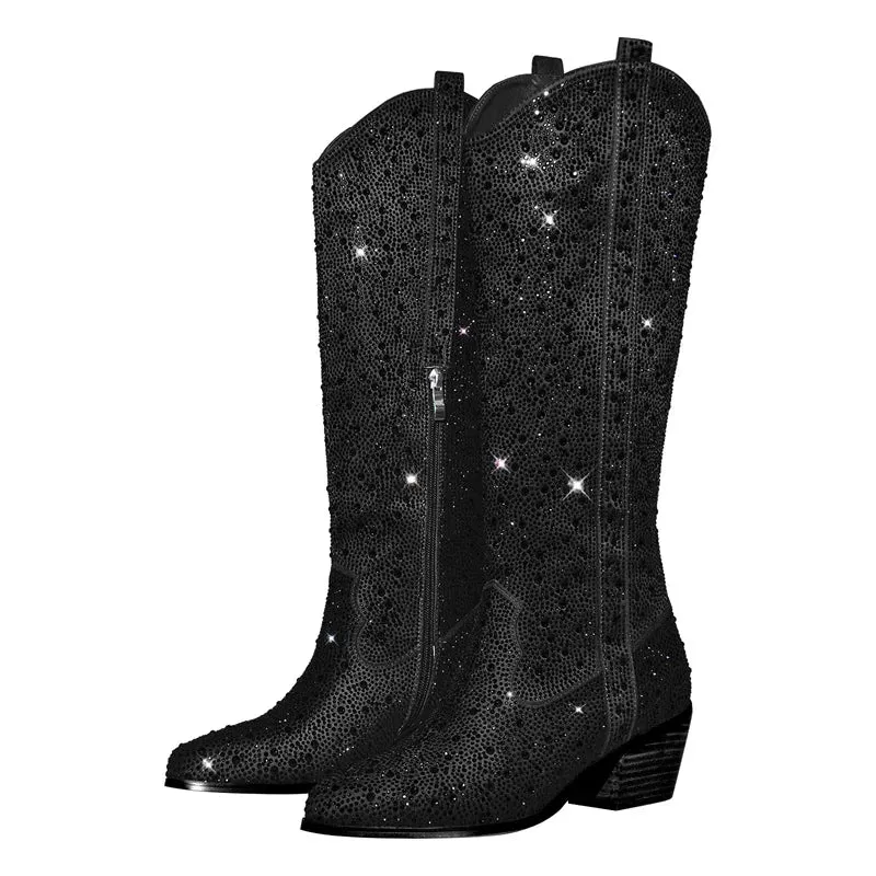 Pointed Toe  Black Rhinestone Boots Knee High Western Cowgirl Boots