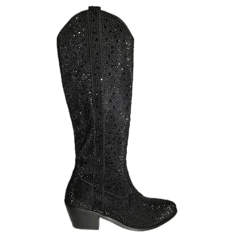 Pointed Toe  Black Rhinestone Boots Knee High Western Cowgirl Boots
