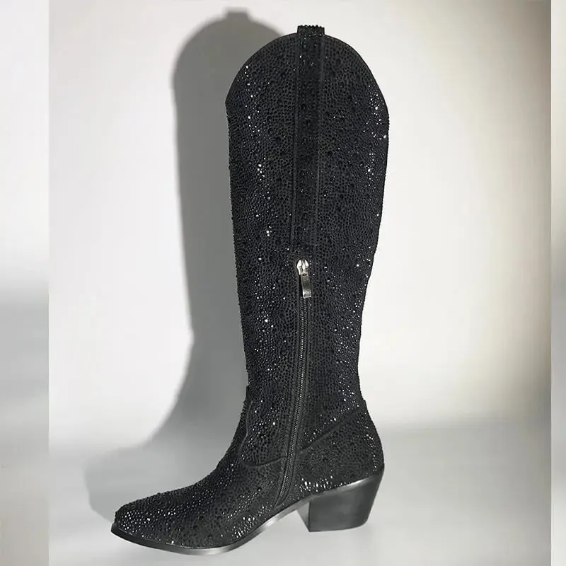 Pointed Toe  Black Rhinestone Boots Knee High Western Cowgirl Boots