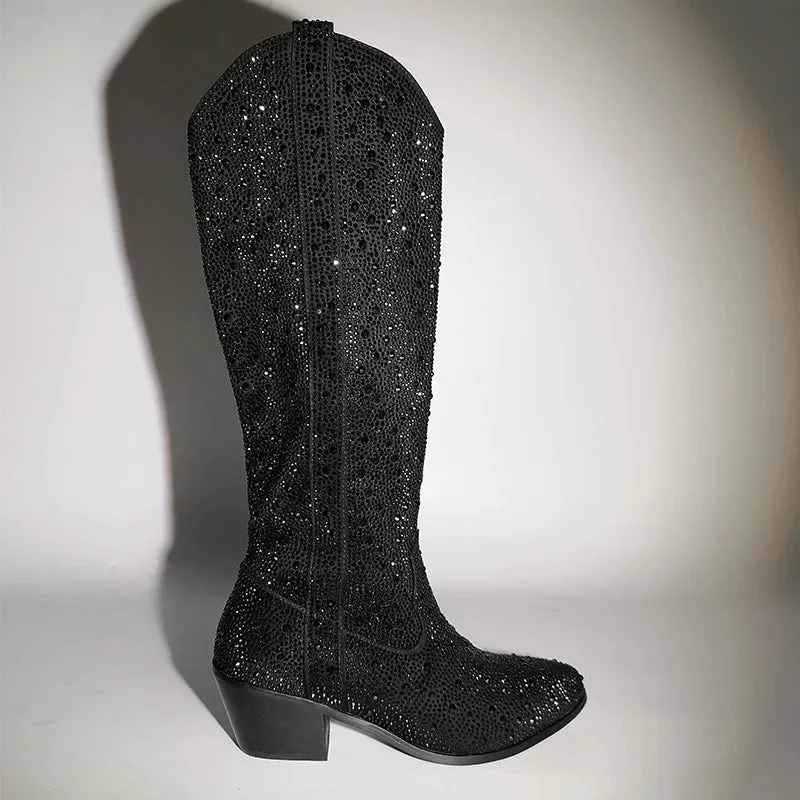 Pointed Toe  Black Rhinestone Boots Knee High Western Cowgirl Boots