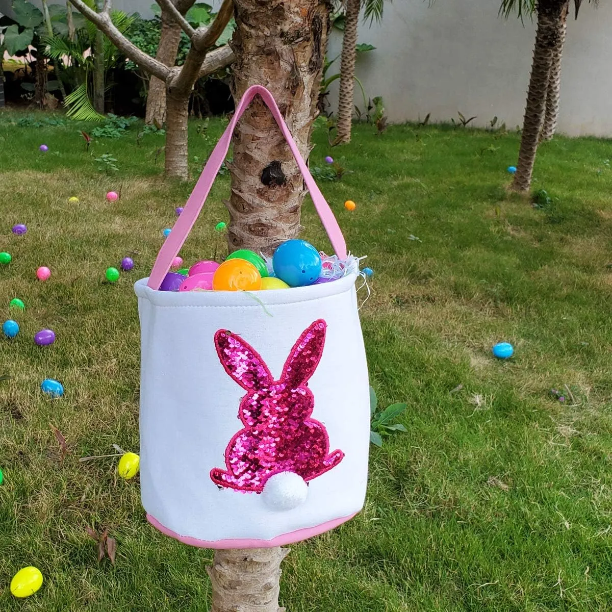 Poptrend Easter Basket Bags, Bunny Tote Bag Bucket for Easter Eggs, Toys, Candy, Gifts (Pink Paillette)