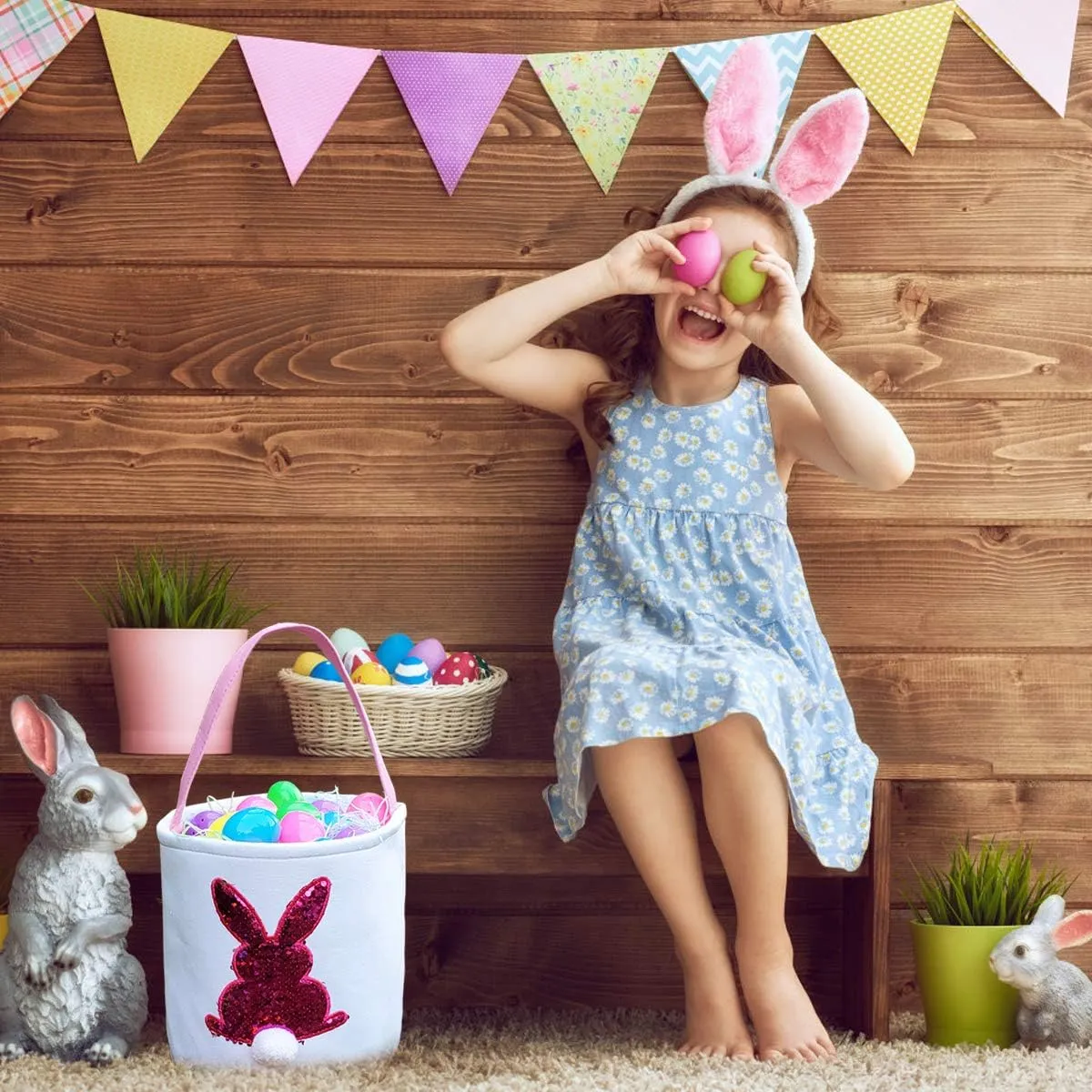 Poptrend Easter Basket Bags, Bunny Tote Bag Bucket for Easter Eggs, Toys, Candy, Gifts (Pink Paillette)