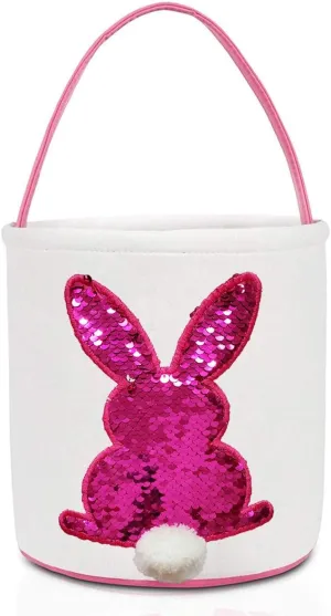 Poptrend Easter Basket Bags, Bunny Tote Bag Bucket for Easter Eggs, Toys, Candy, Gifts (Pink Paillette)