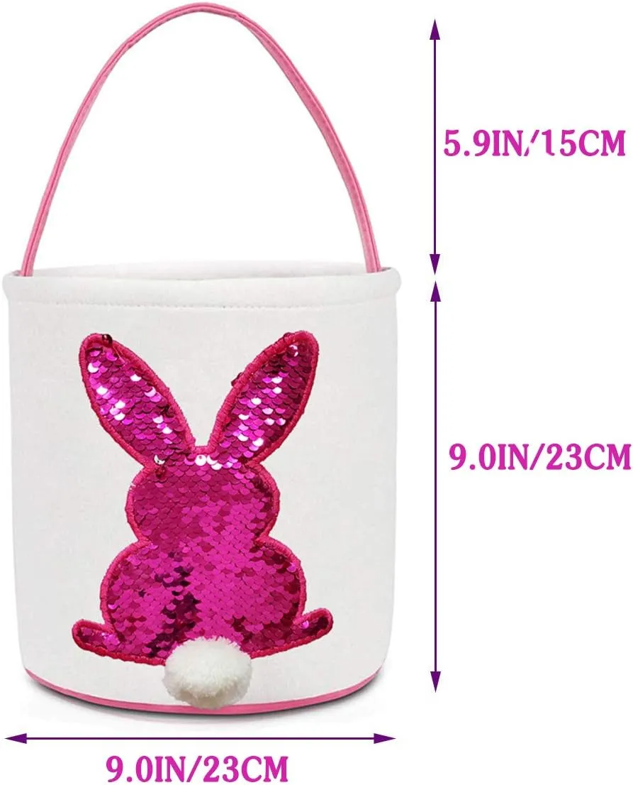 Poptrend Easter Basket Bags, Bunny Tote Bag Bucket for Easter Eggs, Toys, Candy, Gifts (Pink Paillette)