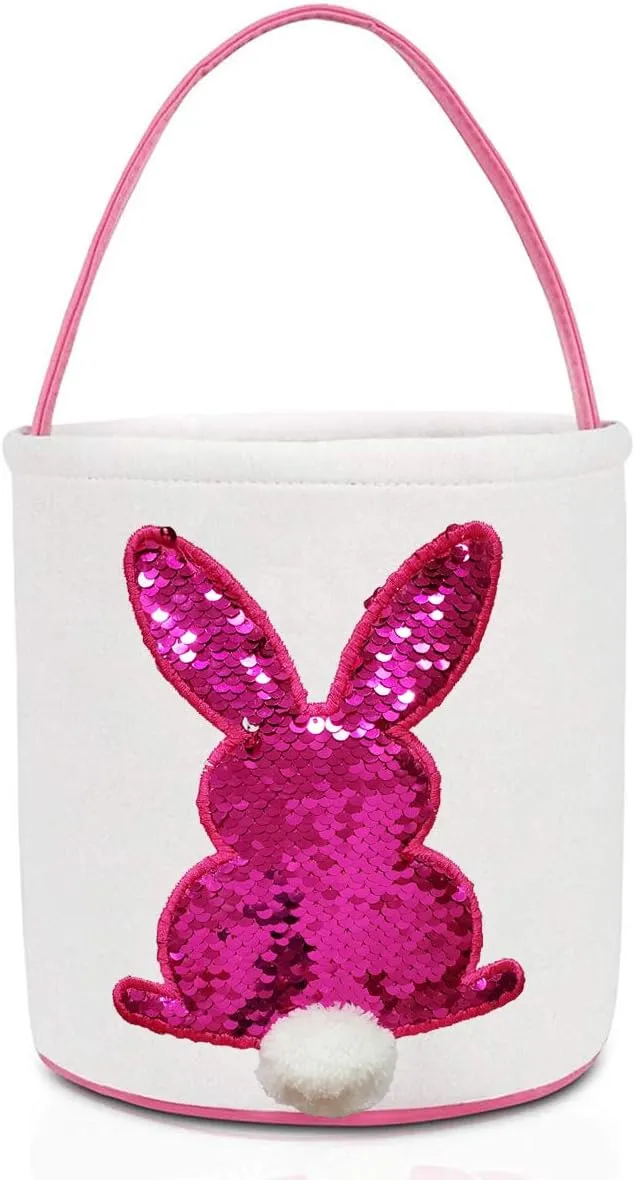 Poptrend Easter Basket Bags, Bunny Tote Bag Bucket for Easter Eggs, Toys, Candy, Gifts (Pink Paillette)