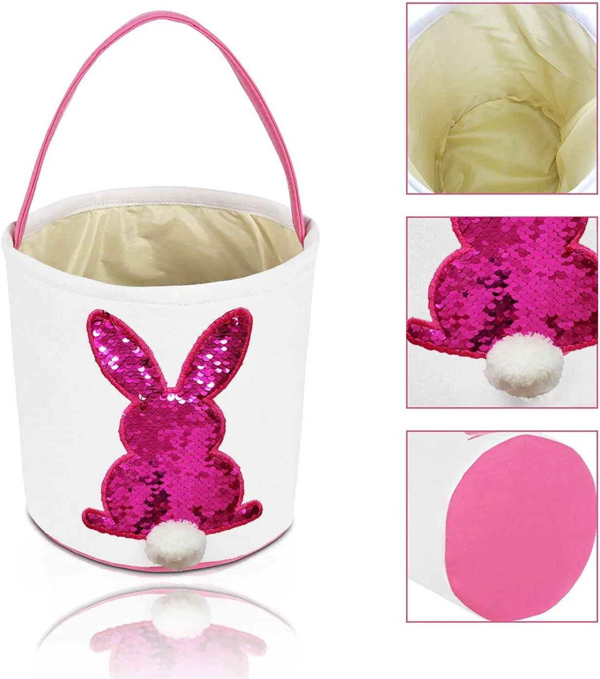 Poptrend Easter Basket Bags, Bunny Tote Bag Bucket for Easter Eggs, Toys, Candy, Gifts (Pink Paillette)
