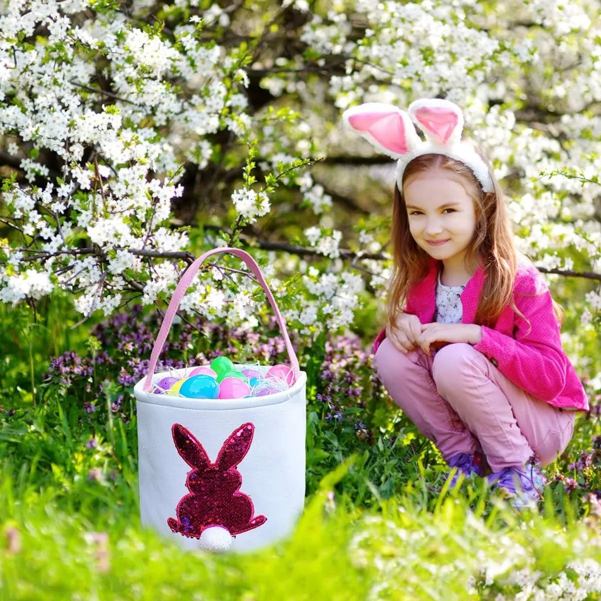 Poptrend Easter Basket Bags, Bunny Tote Bag Bucket for Easter Eggs, Toys, Candy, Gifts (Pink Paillette)