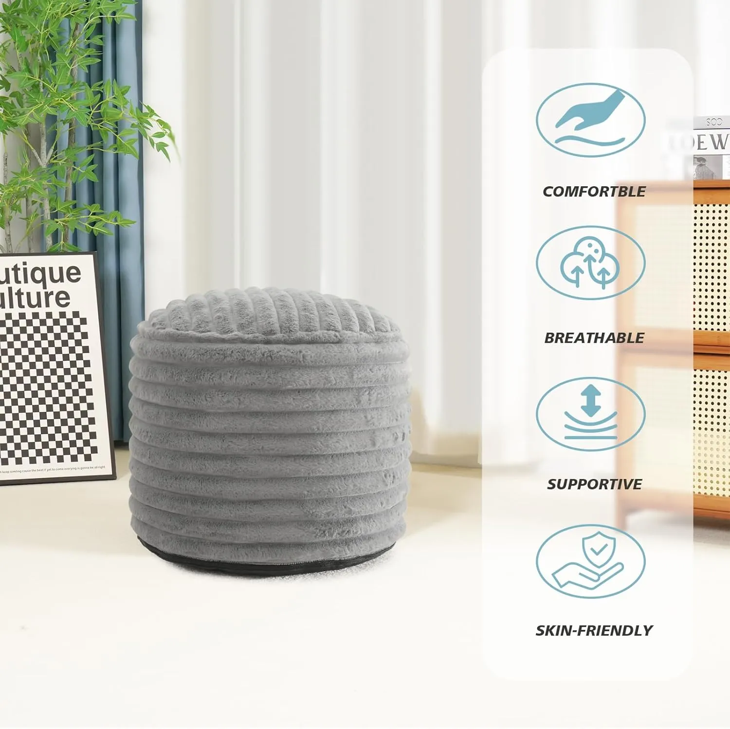 Pouf Ottoman Stuffed Round for Foot Rest, Faux Fur Poufs with Foam Chunk Filling, Storage Ottoman Pouf Foot Stool Cushion, 26 X 18 Inch Floor Chair for Living Room Bedroom Home Decor, Light Gray