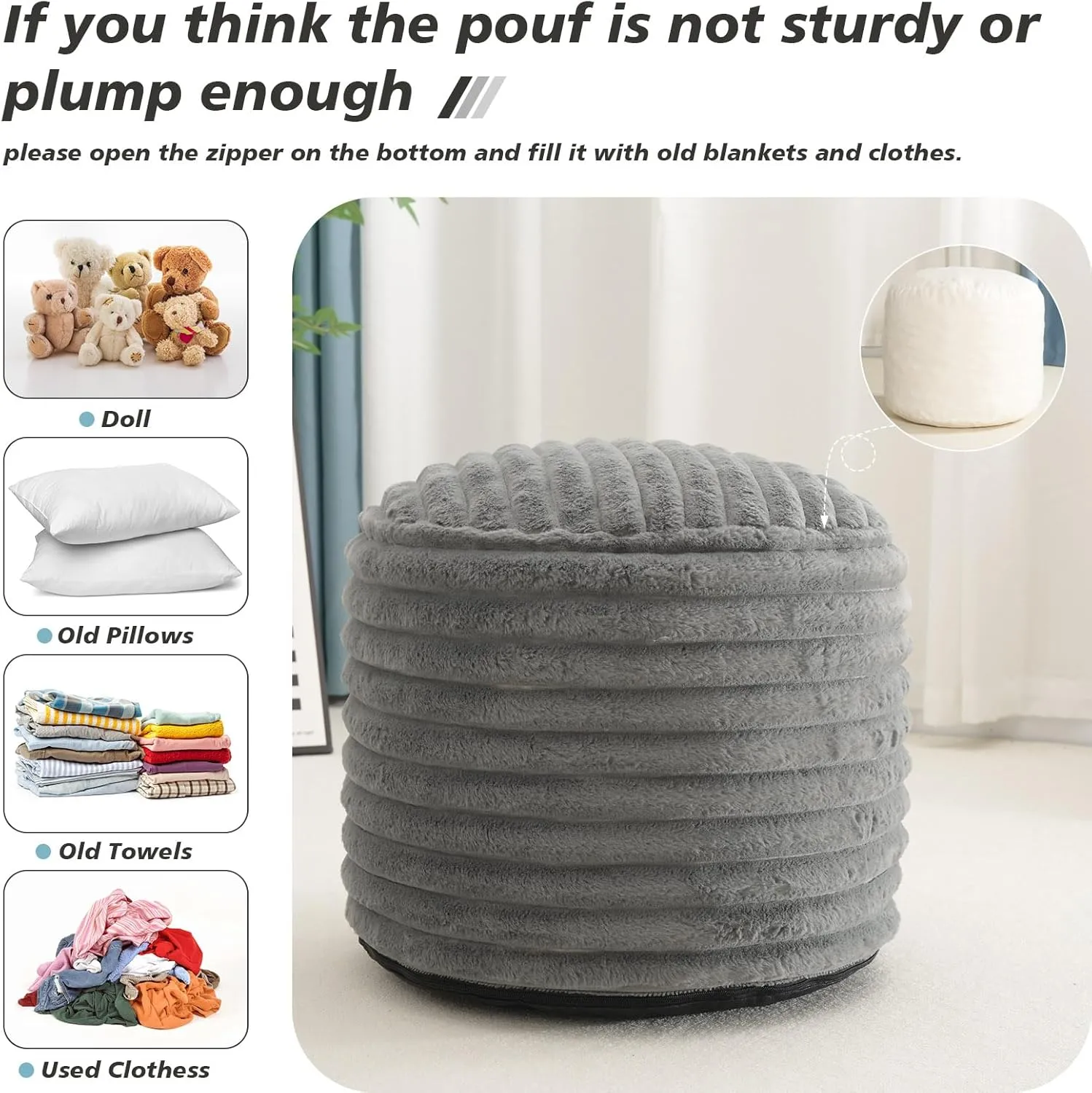 Pouf Ottoman Stuffed Round for Foot Rest, Faux Fur Poufs with Foam Chunk Filling, Storage Ottoman Pouf Foot Stool Cushion, 26 X 18 Inch Floor Chair for Living Room Bedroom Home Decor, Light Gray