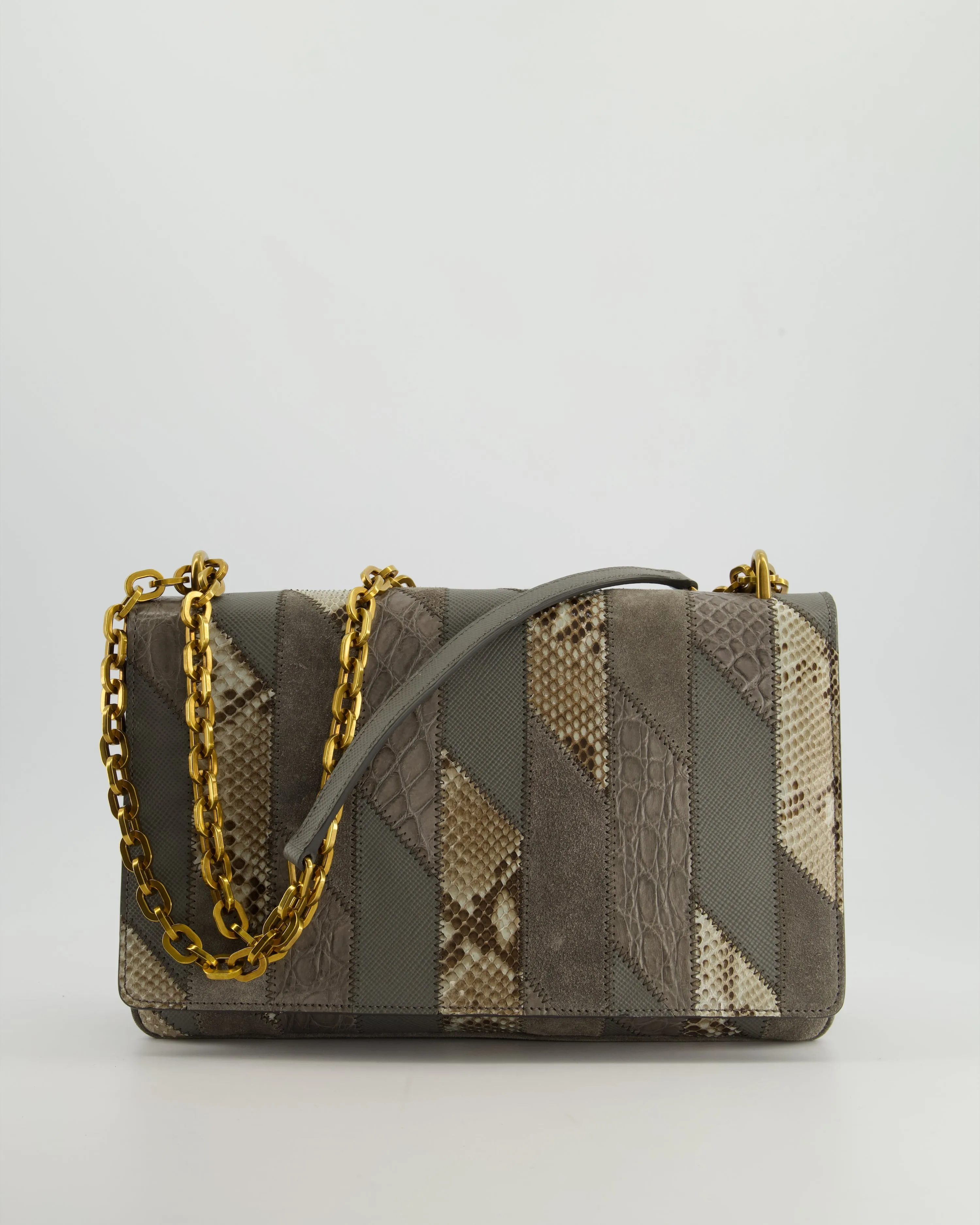 Prada Grey Suede, Python Patchwork Bag with Gold Chain