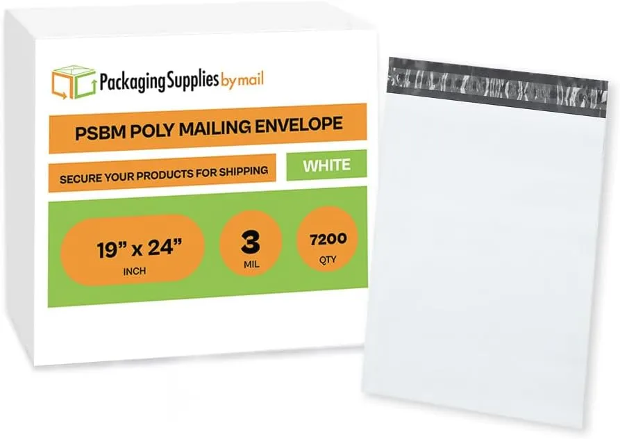 PSBM White Poly Mailers 19 x 24 Inch 7200 Pack Shipping Bags for Clothing, Sturdy Shipping Envelopes, Strong Self Seal Mailing Bags for Small Business, Poly Bags for Small Businessess