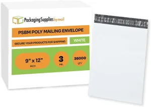 PSBM White Poly Mailers 9 x 12 Inch 36000 Pack Shipping Bags for Clothing, Sturdy Shipping Envelopes, Strong Self Seal Mailing Bags for Small Business, Poly Bags for Small Businessess