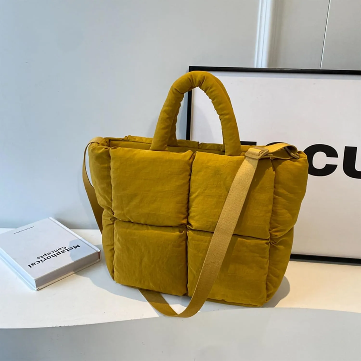Puffer Tote Bag, Puffy Purse Crossbody Puffer Bags for Women Lightweight Down Cotton Padded Quilted Tote Bag