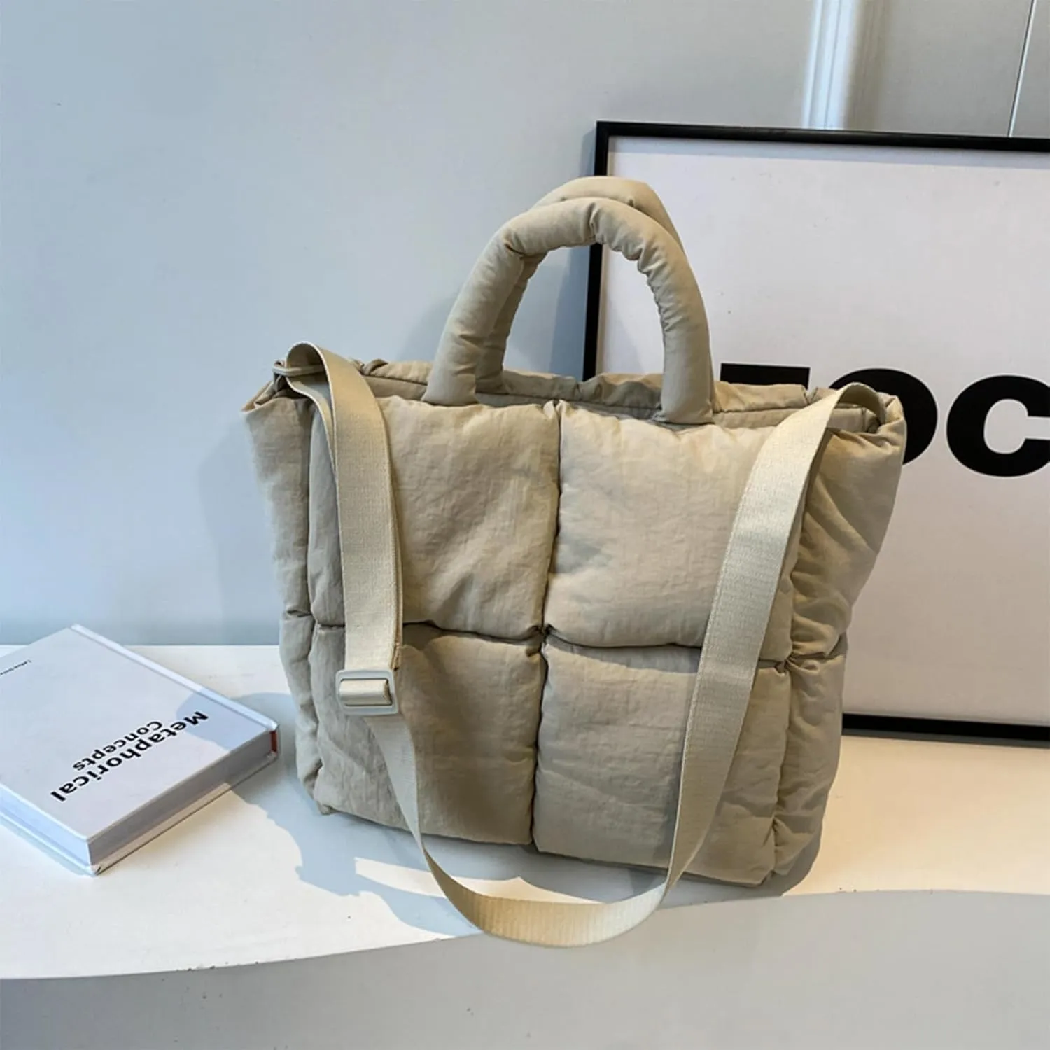 Puffer Tote Bag, Puffy Purse Crossbody Puffer Bags for Women Lightweight Down Cotton Padded Quilted Tote Bag