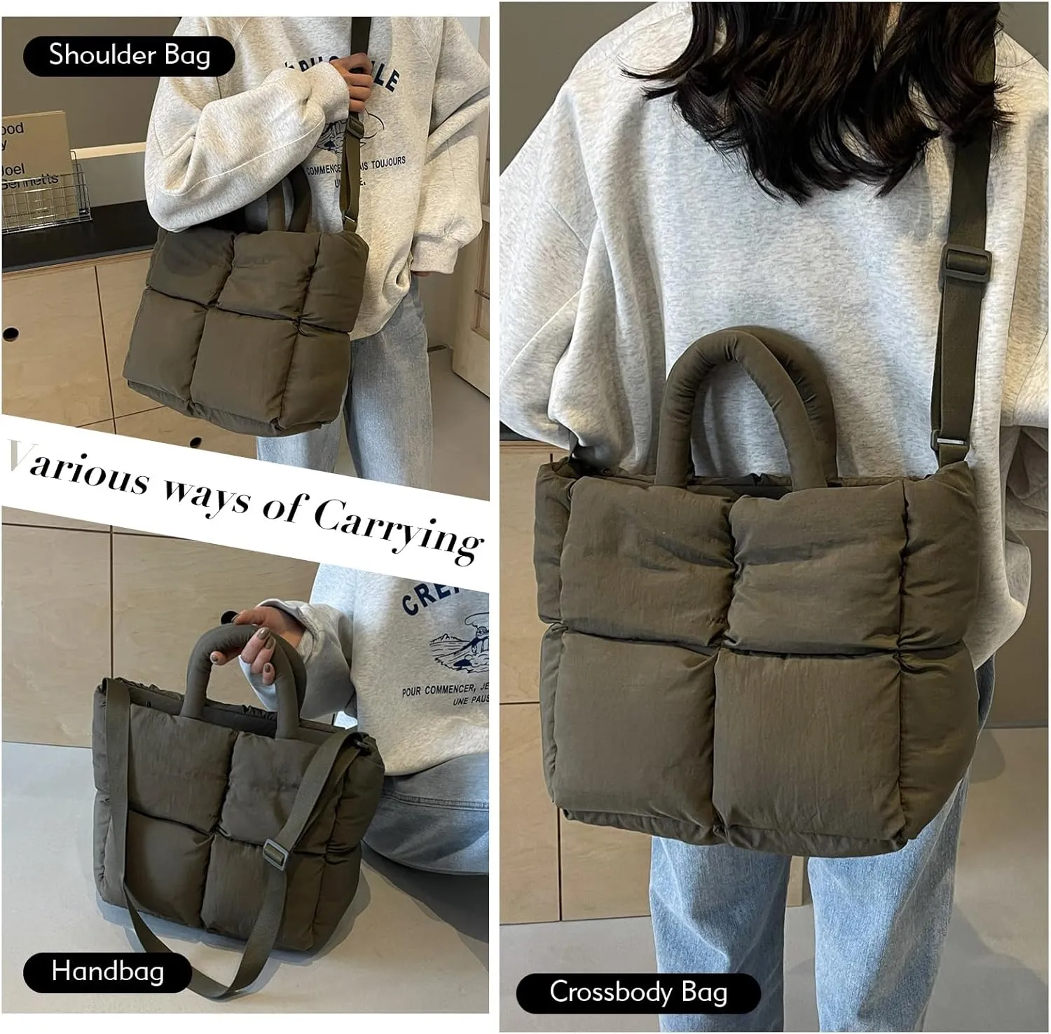 Puffer Tote Bag, Puffy Purse Crossbody Puffer Bags for Women Lightweight Down Cotton Padded Quilted Tote Bag