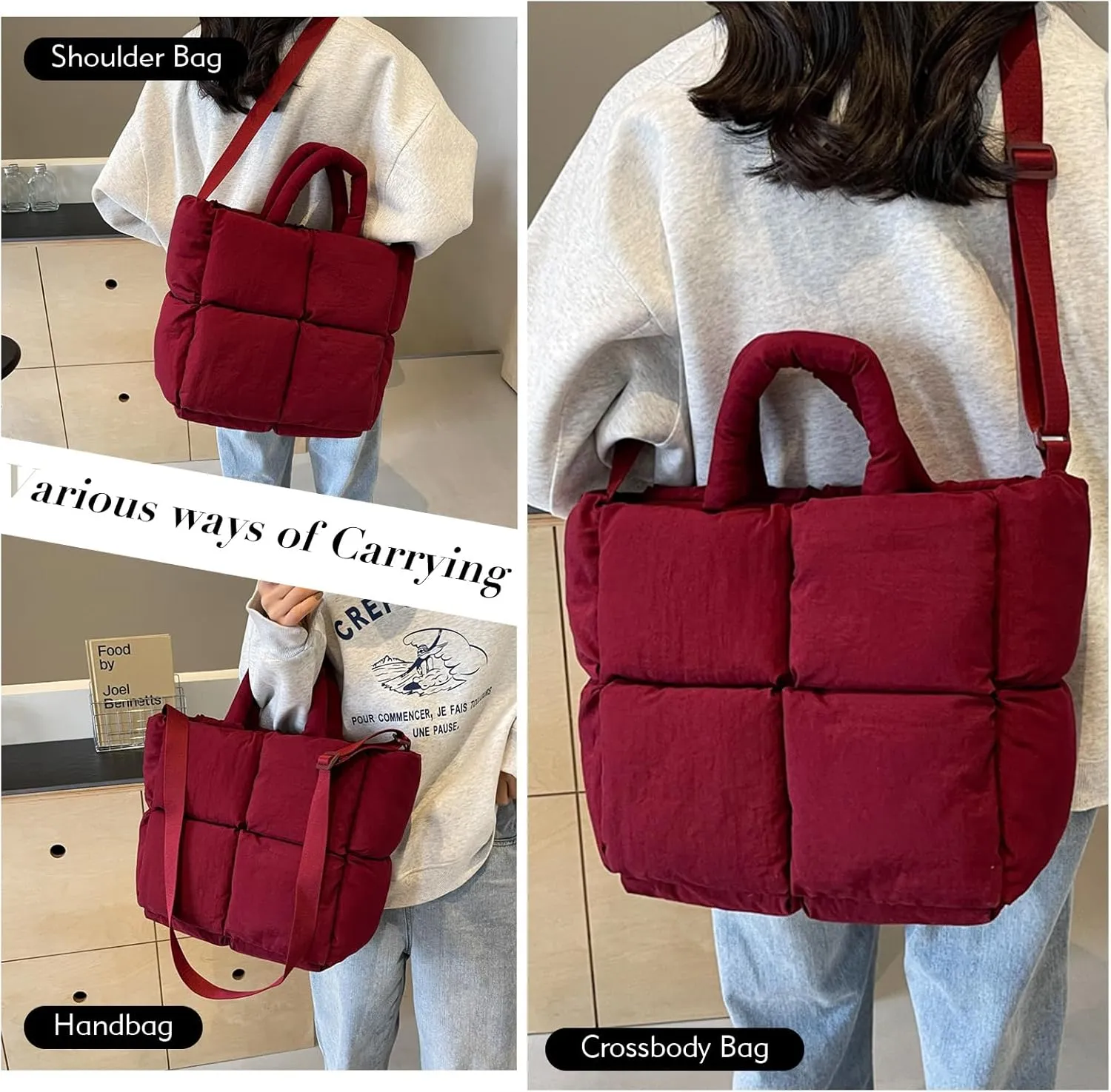 Puffer Tote Bag, Puffy Purse Crossbody Puffer Bags for Women Lightweight Down Cotton Padded Quilted Tote Bag