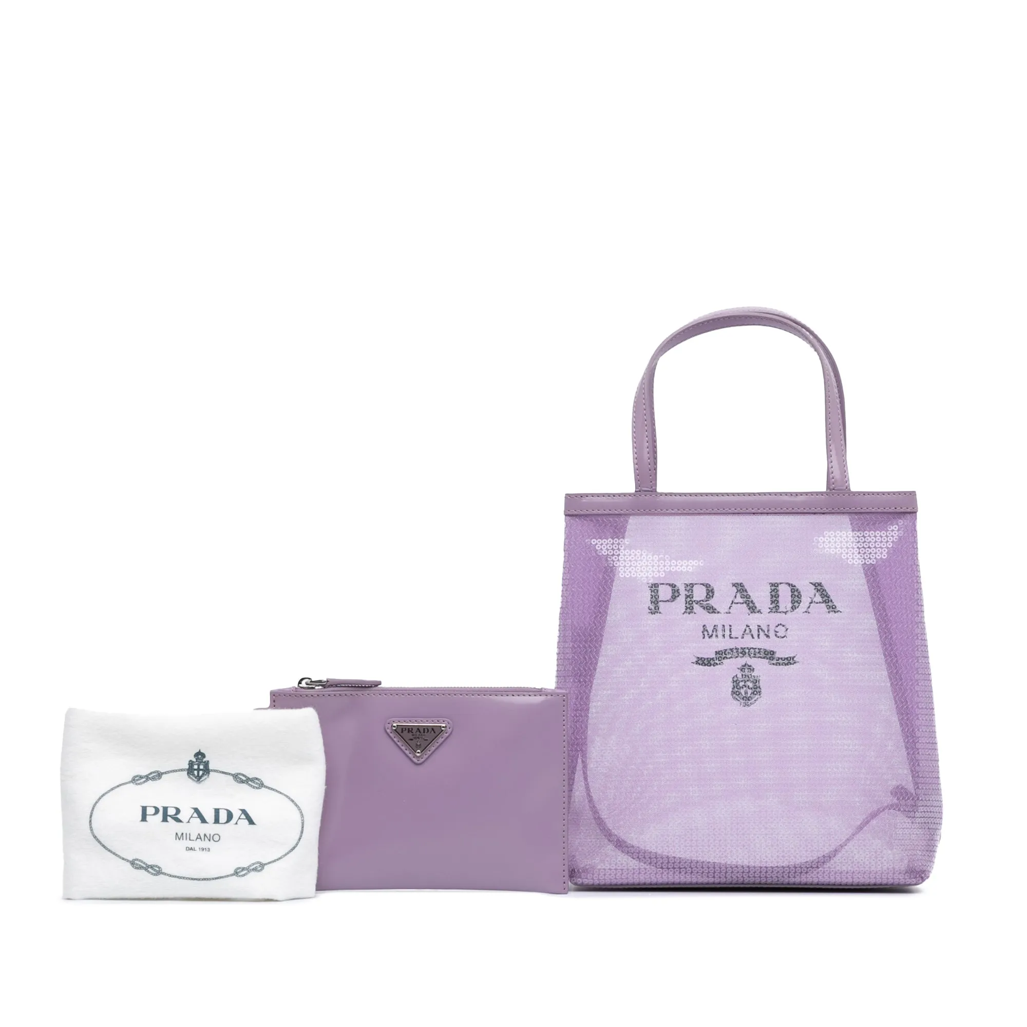 Purple Prada Small Sequined Mesh Logo Tote