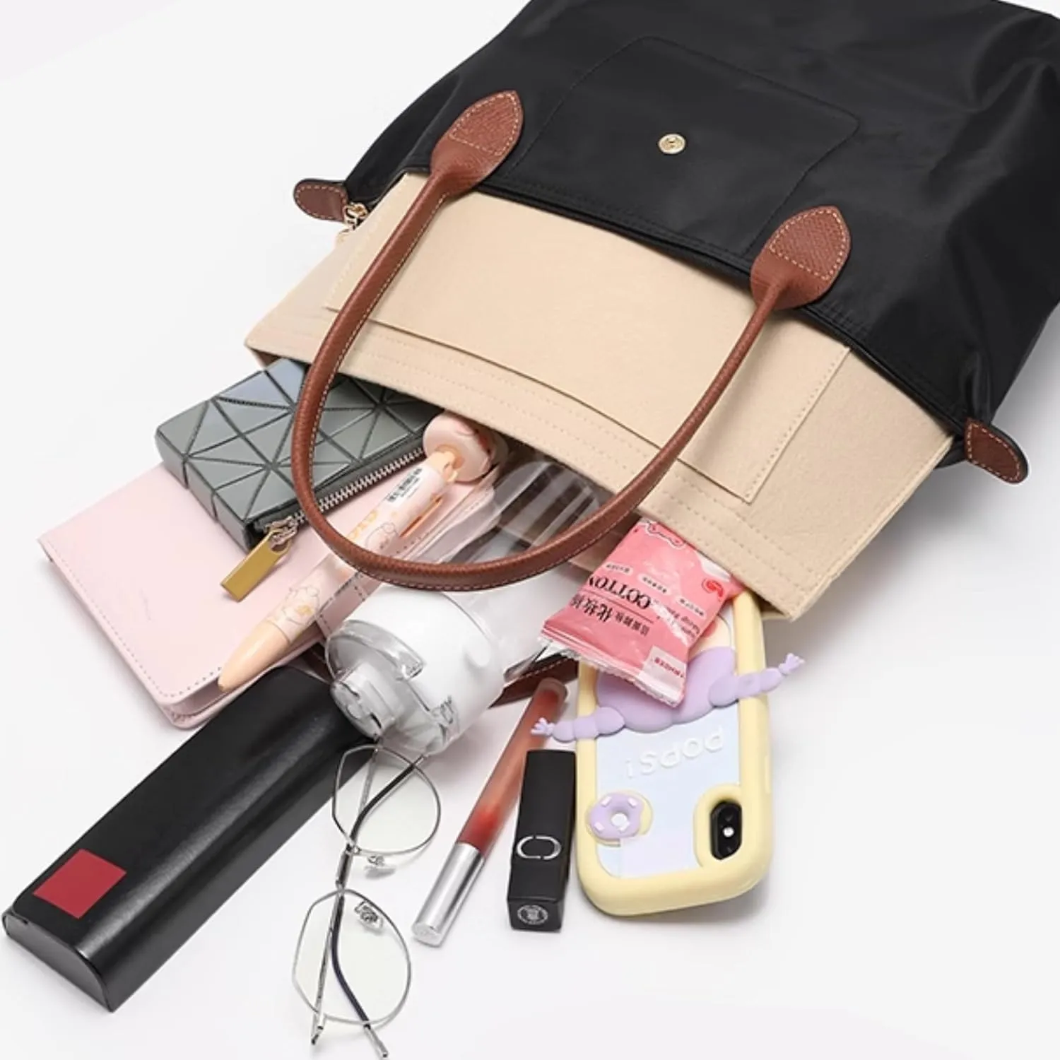 Purse Organizer Insert for Longchamp Le Pliage M Handbag Insert, Felt Handbag Organizer Insert Large Tote with Cup Holder, Bag Organizer with Zipper,8 Compartments(Grey, M10.23 * 7.87 * 5.12in)