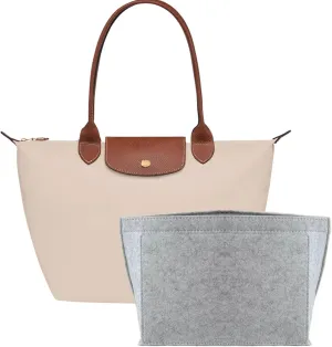 Purse Organizer Insert for Longchamp Le Pliage M Handbag Insert, Felt Handbag Organizer Insert Large Tote with Cup Holder, Bag Organizer with Zipper,8 Compartments(Grey, M10.23 * 7.87 * 5.12in)