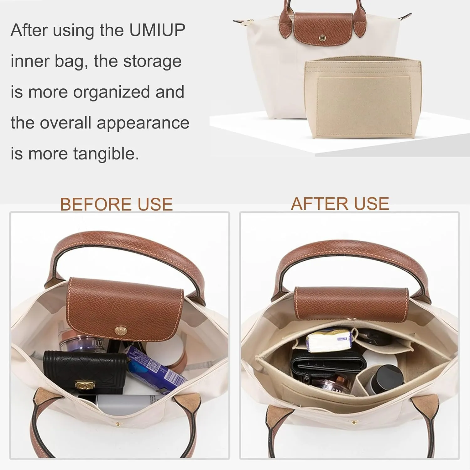 Purse Organizer Insert for Longchamp Le Pliage M Handbag Insert, Felt Handbag Organizer Insert Large Tote with Cup Holder, Bag Organizer with Zipper,8 Compartments(Grey, M10.23 * 7.87 * 5.12in)